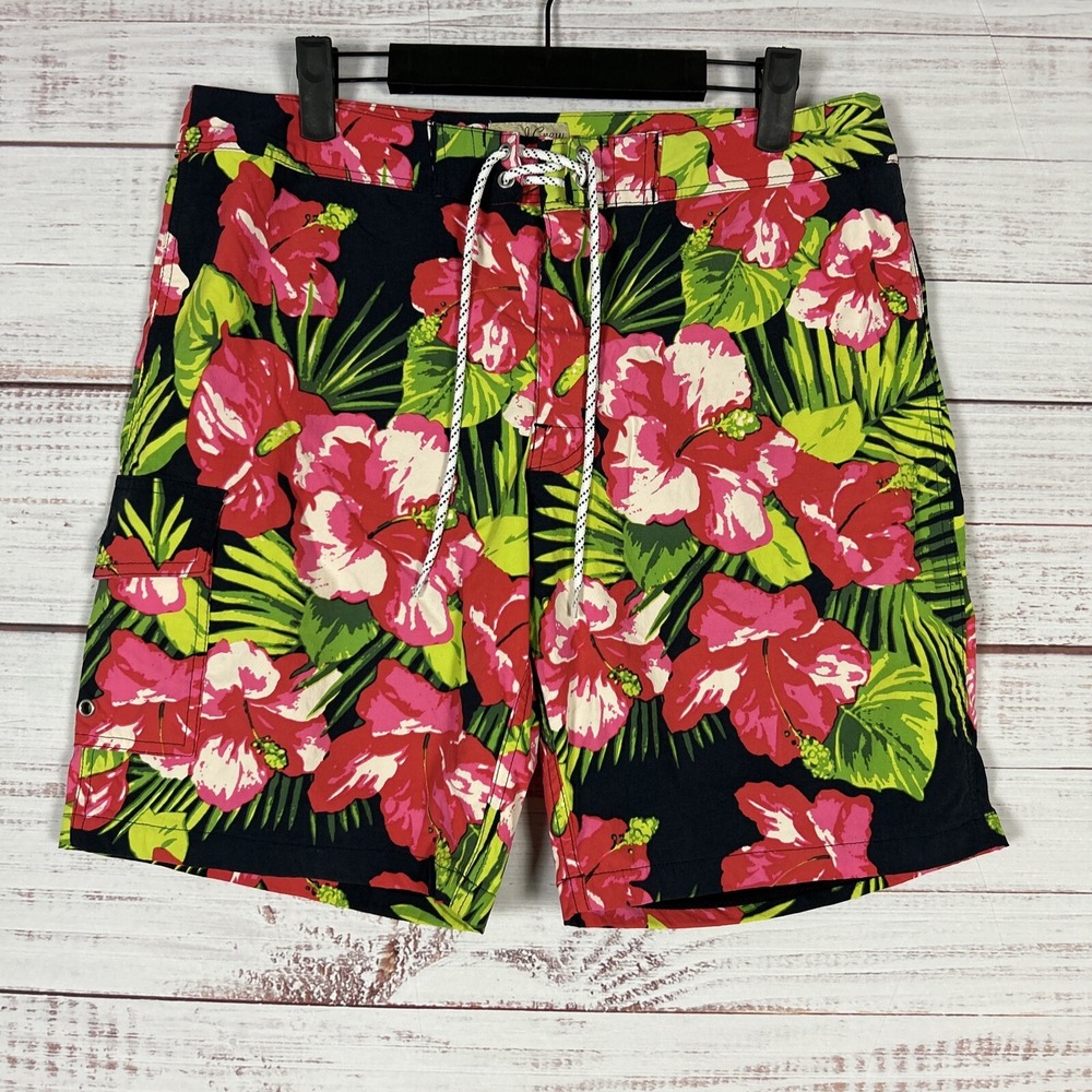 J Crew Swim Trunks Mens 32 Red Black Floral 9" Inseam Lined Shorts Nylon Stretch